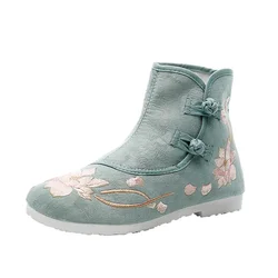 Women's Autumn Winter Hanfu Hidden Heels Short Boots Chinese Ancient Style Embroidered Flats Shoes Girl Gift