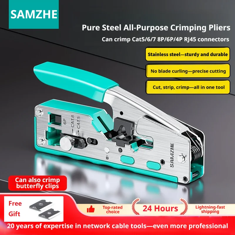 SAMZHE Pure Steel RJ45 Crimp Tool Pass Through Ethernet Crimping Tool for Cat5e/6/7/8 6P 8P RJ45 Connectors Wire Drawing Process