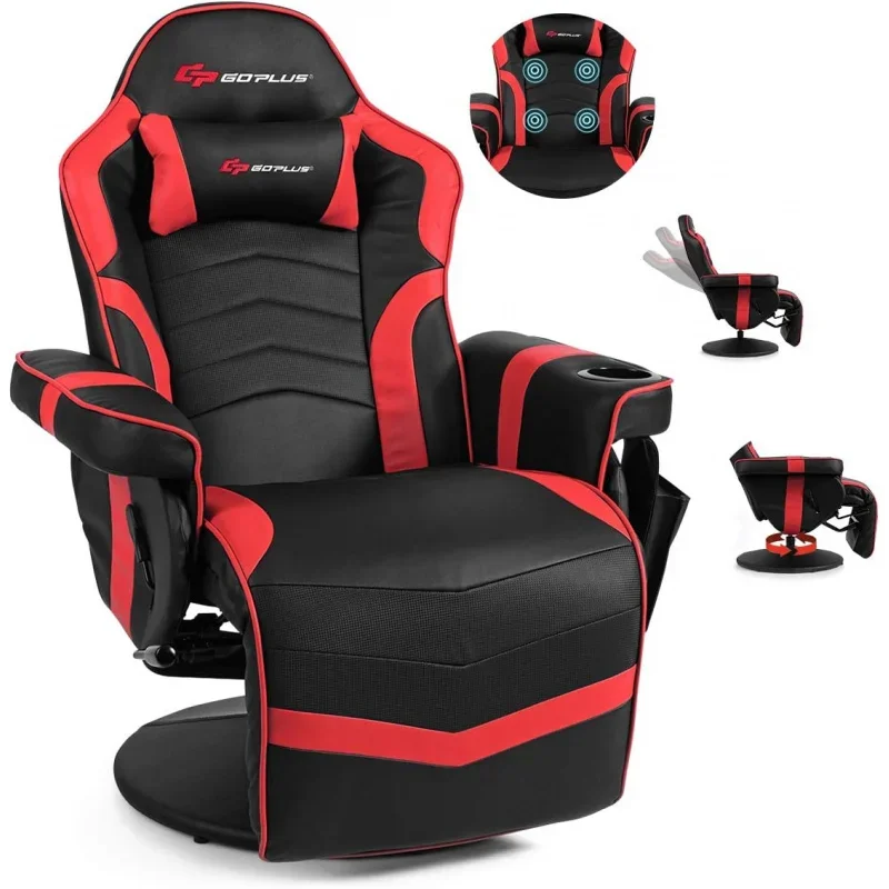 Gaming Recliner Massage with Footrest Ergonomic Leather Single Sofa with Cup Holder Headrest and Side Pouch, Adjustable-Red