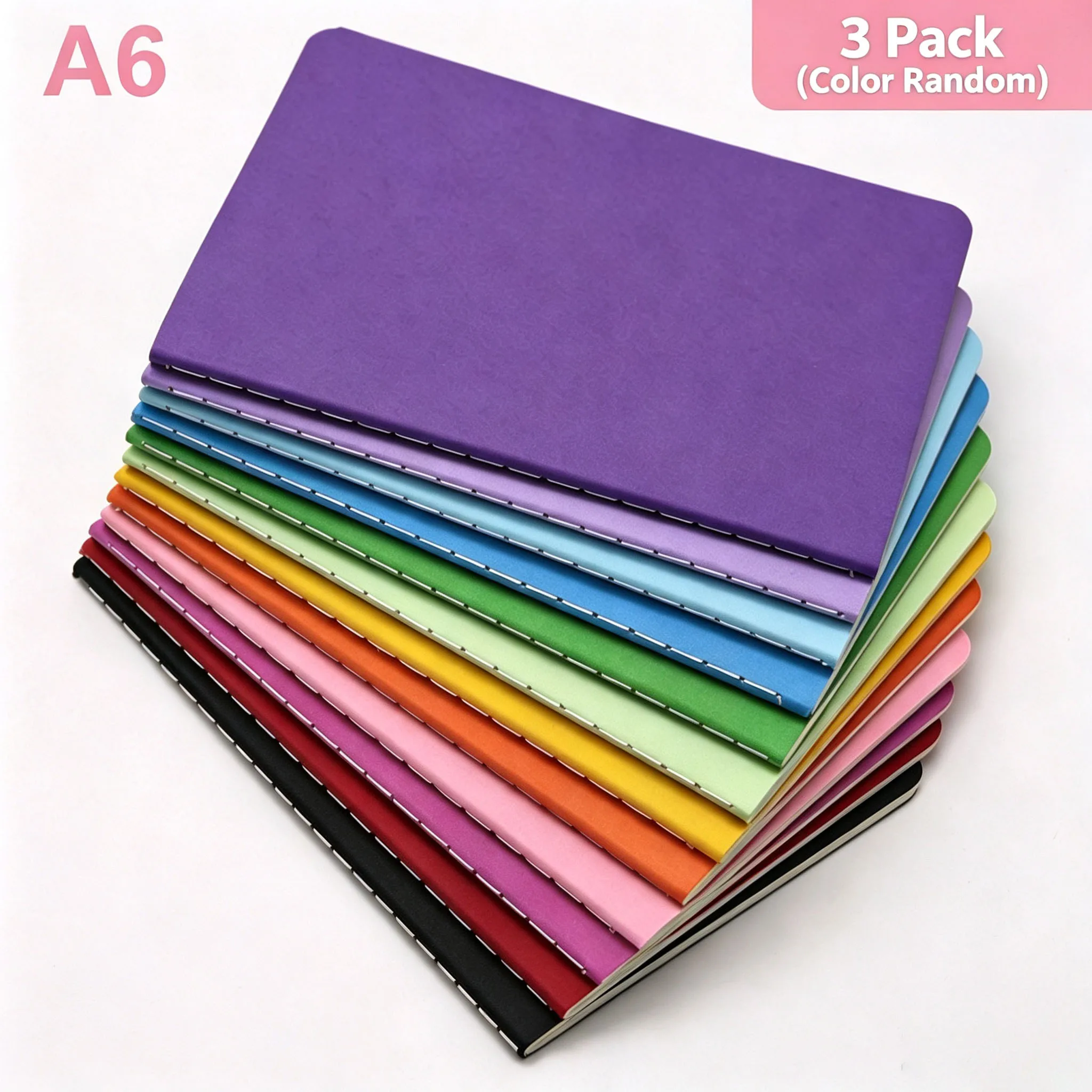 3Pcs A6 Portable Sewing-Binding Paper Cover Notebook 60 Lined Pages Pocket Memo Pad Color Random Diary Notepad for Office & Scho