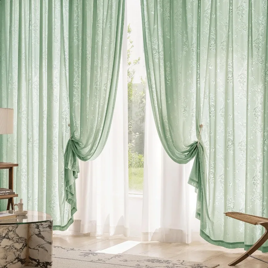 Green Floral Jacquard Sheer Curtains 84 Inches Long 2 Panels for Living Room Bedroom Semi Lace Flower Privacy Light Filtering N
