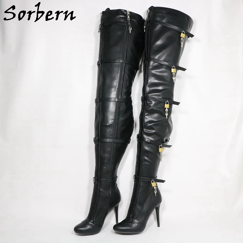 Sorbern Unisex Styleblack Crotch Thigh High Boots Women Round Toe High Heel With Locks Straps Stilettos Custom Wide Long Legs