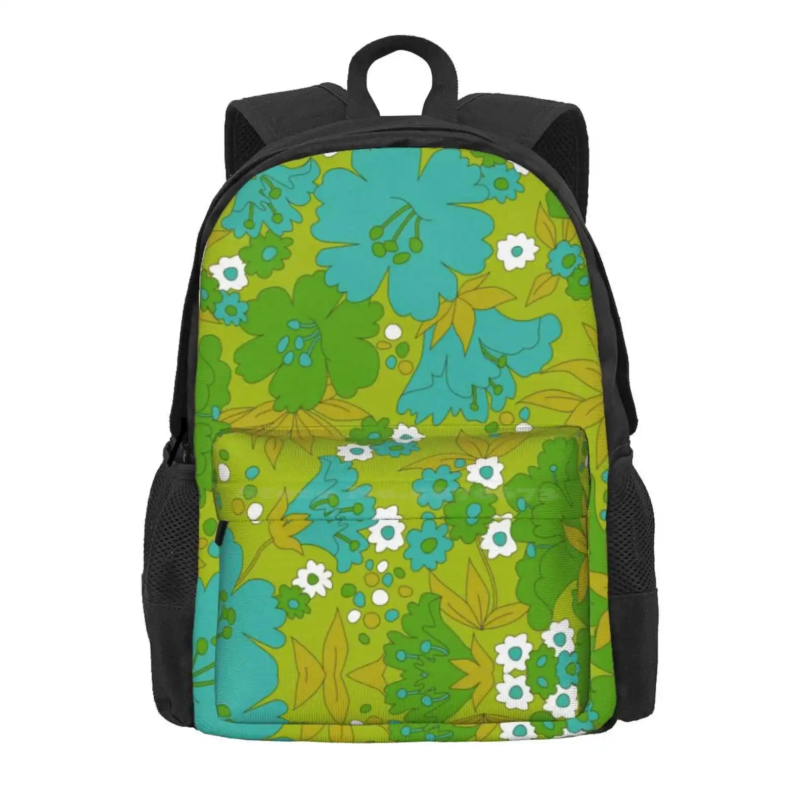 Green, Turquoise, And White Retro Flower Pattern Hot Sale Schoolbag Backpack Fashion Bags Olive Green Light Green Dark Green