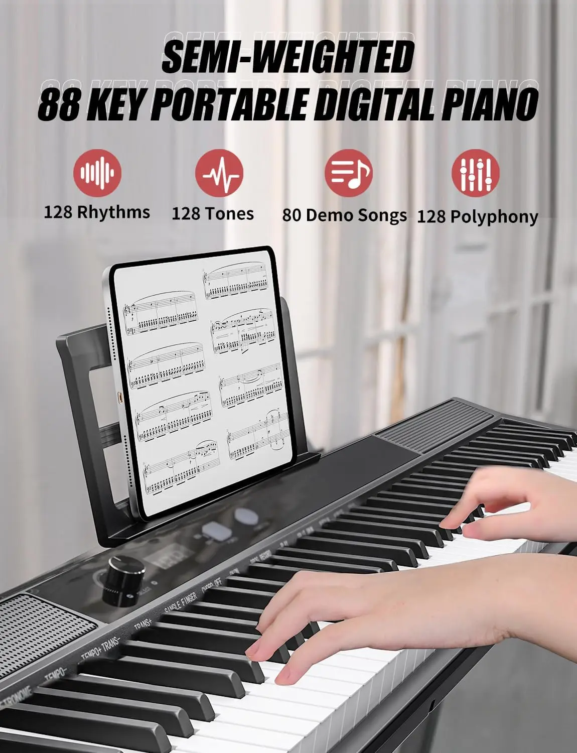 88 Key Semi-weighted Electronic Keyboard Piano,Full Size Digital Piano Portable Keyboard with Stand, Sustain Pedal, Power Supply