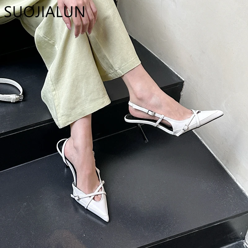 SUOJIALUN 2024 Summer New Brand Women Sandal Fashion Pointed Toe Shallow Slip On Slingback Shoes Thin High Dress Pumps Shoes