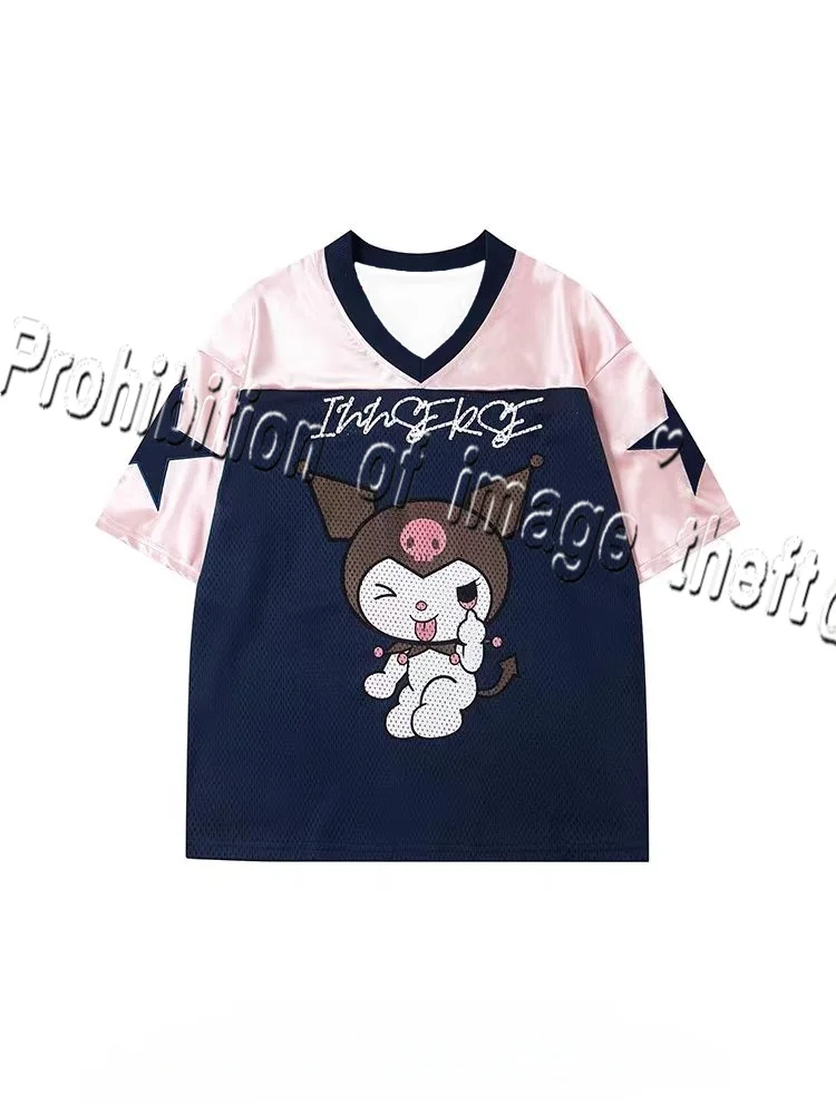

25 Summer American Kuromi Cartoon Color Contrasting V-neck T-shirt for Men and Women, Loose Casual Zexi Wind Sports Jersey