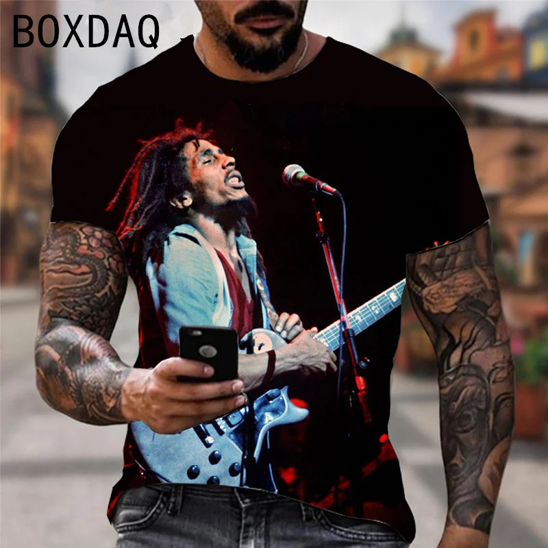 T-shirt dos homens de grandes dimensões Cool Rock Bob Marley Imprimir Tops Verão O-pescoço Manga Curta Street Hip-hop Camisa Personalidade Homens