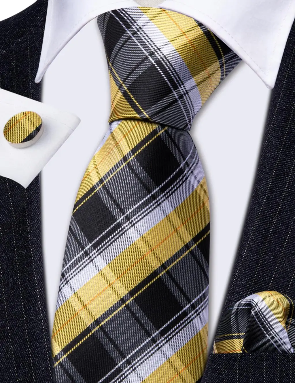 Classic Black Yellow Silk Tie For Men With Pocket Square Cufflink Set Plaid Woven Necktie Business Designer Party Barry.Wang