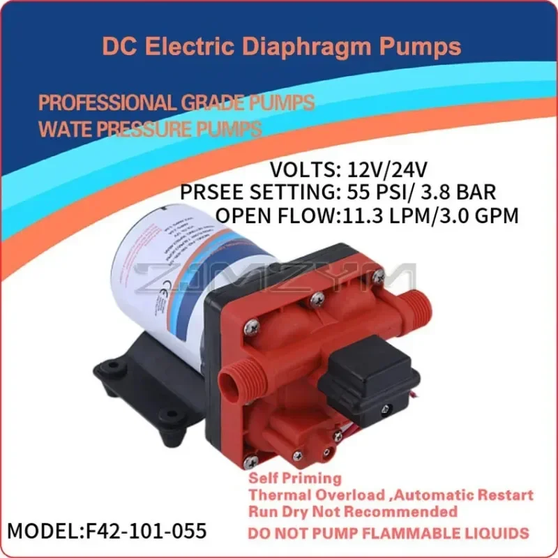 42 Series Diaphragm Water Pump 3.0GPM 55PSI 12V/24V Self Priming DC Electric Pump Boat Marine RV Caravan Showers Toilets