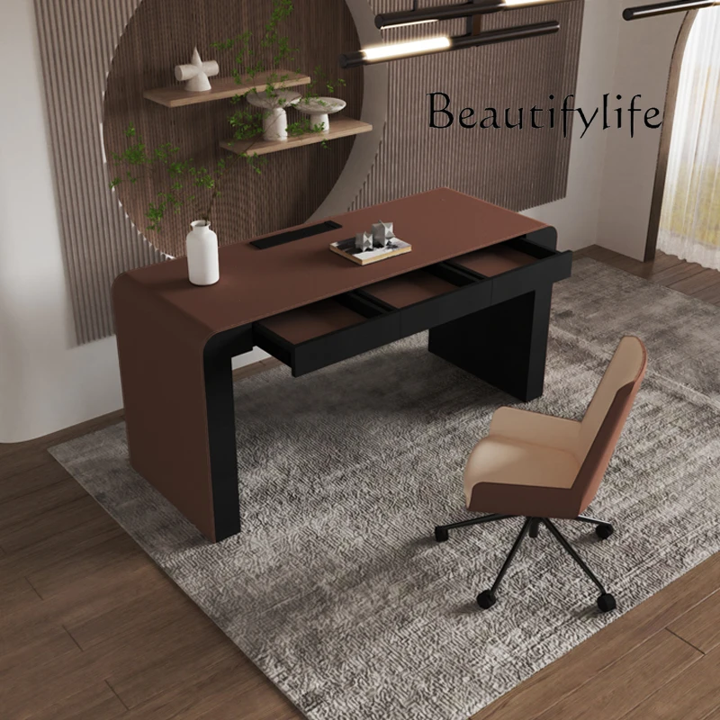 

Italian minimalist desk home desk light luxury modern high-end saddle leather computer desk
