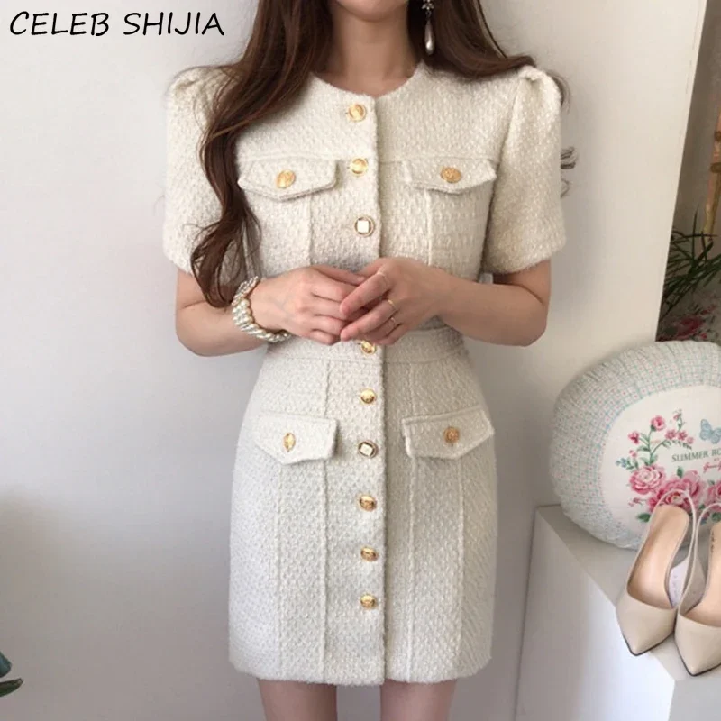 

Beige Tweed Dress for Woman Single-breasted Pocket Short-sleeve Elegant Dress Vestido O-neck Vintage Party Dresses Fall