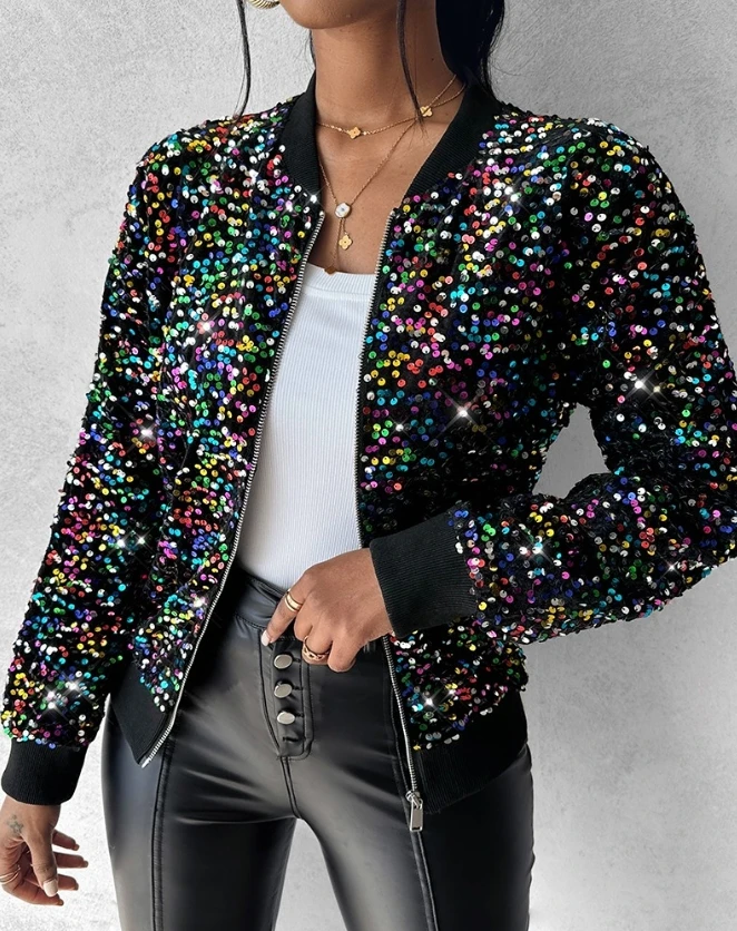 2023 Autumn Winter Spring New Fashion Casual Elegant Colorful Allover Sequin Zipper Design Coat Female Clothing Outfits