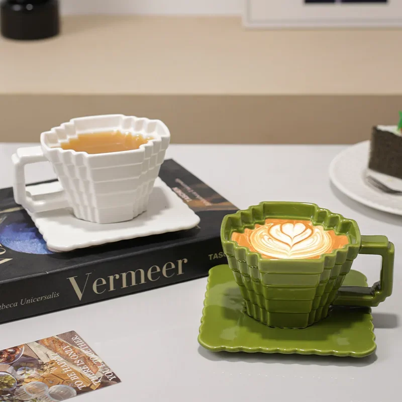 Creative Ceramic Mug Pixelated Design Sublimation Coffee Cup with Saucer High-end Aesthetic