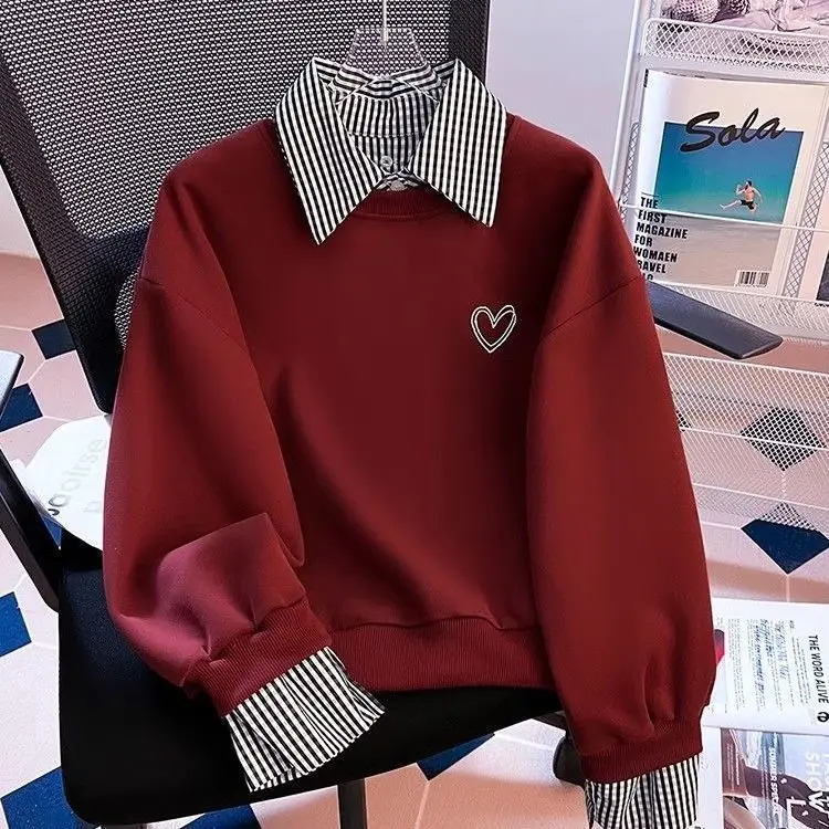 Spring and autumn women's clothing new simple style casual printing striped splicing fake two-piece lapel long-sleeved top
