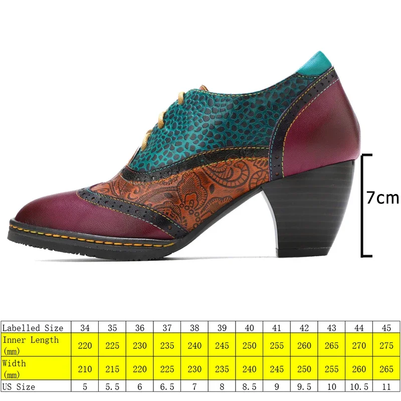 Koznoy 7cm Print Ethnic Embossed Chunky Heel British Genuine Leather Summer Autumn Women Big Size Preppy Style Mixed Color Shoes