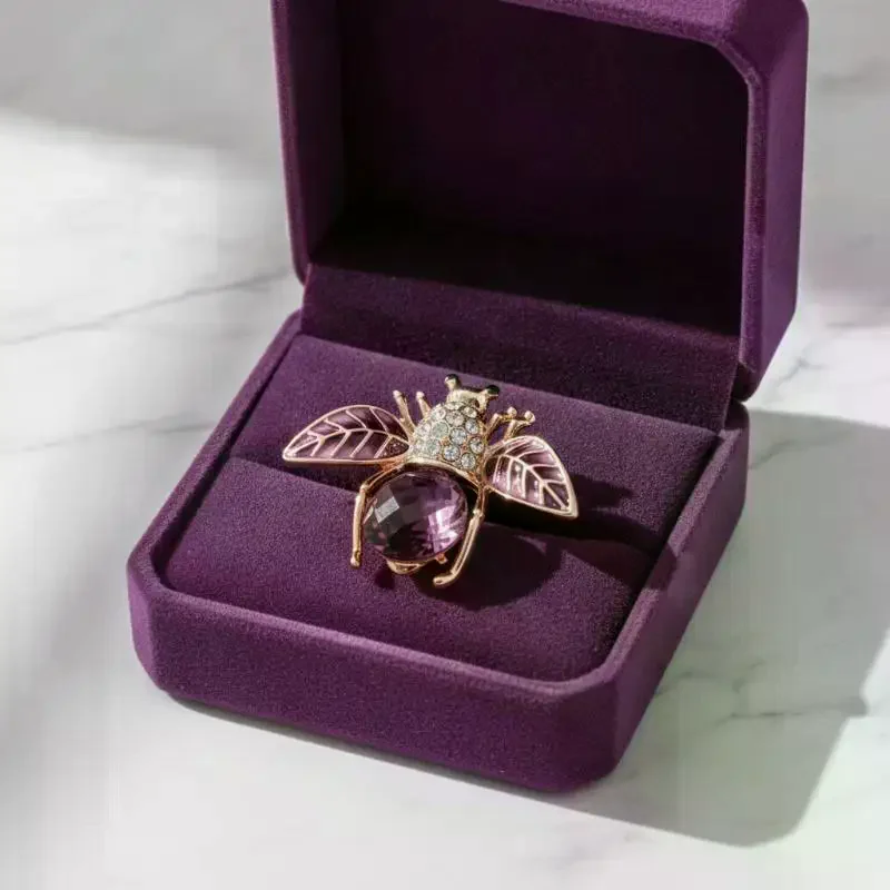 Rose Gold Plated Bee Brooch Rhinestone Enamel Wings Purple Crystal Fashion Accessory for Women Valentine's Day Gift