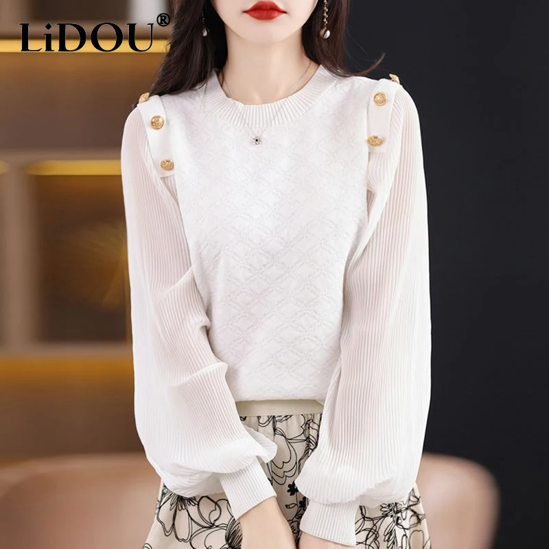 

2023 Spring Autumn New Solid Color Fashion Round Neck Blouse Women High Street Elegant Long Sleeve Button All-match Pullovers