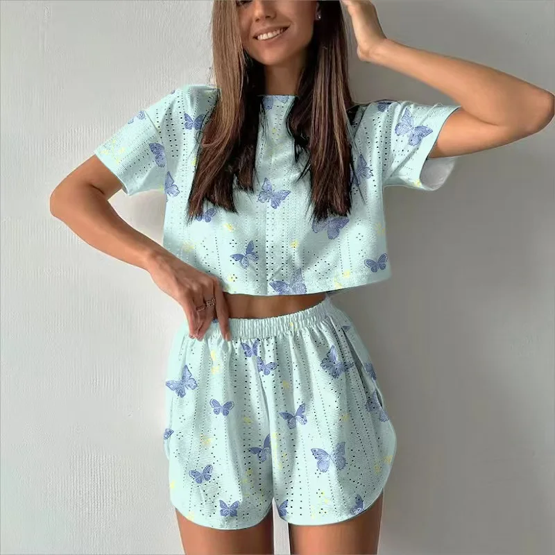 Women Summer Floral Hollow-Out Pajama Set Girl Student Cropped Two-Piece Set Women Casual Short Top Lady Shorts Short-Sleeve Set