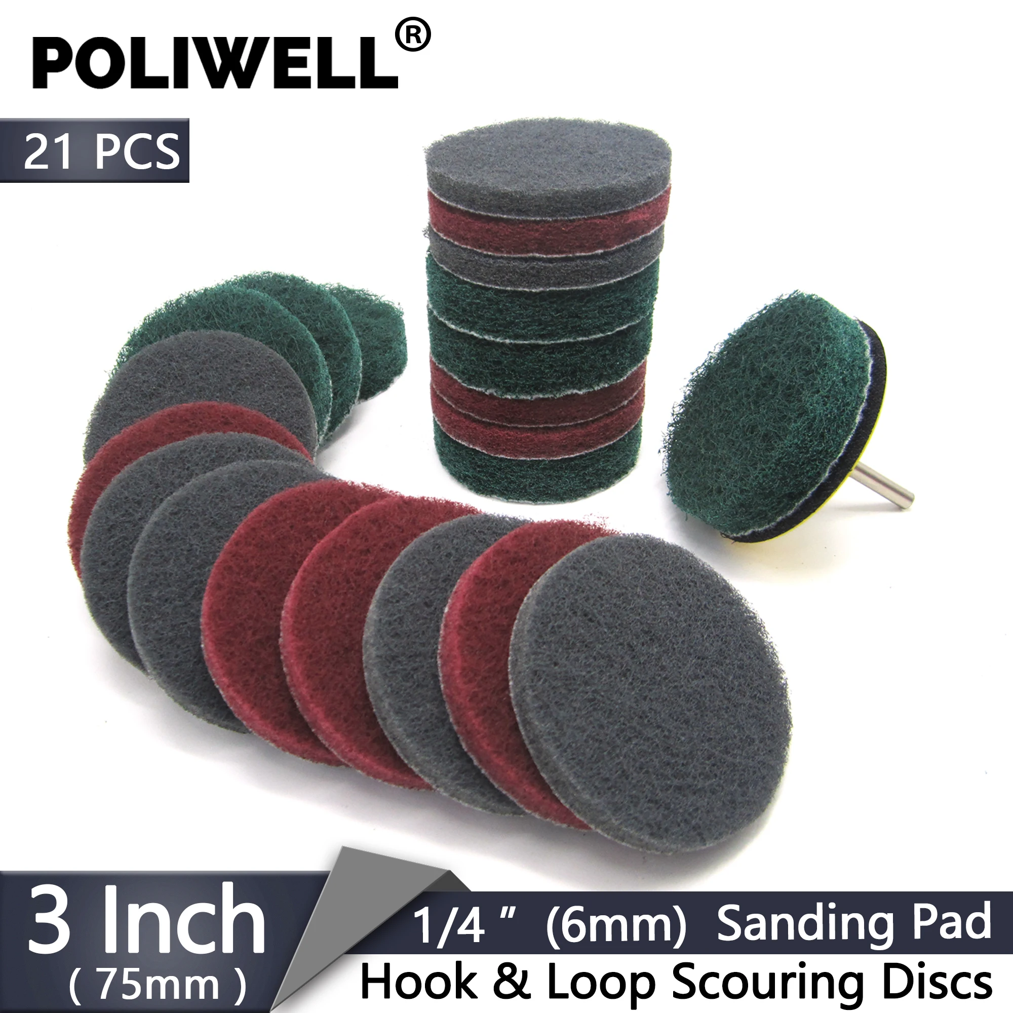 

21Pcs 3 Inch 75mm Flocking Industrial Scouring Pads Scrub Discs 240/400/1000# Nylon Polishing Pad with 6mm Shank Back-up Pad