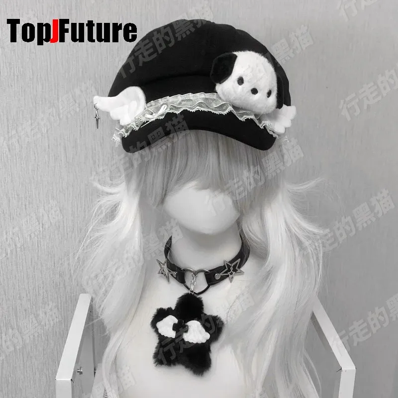 Subculture Y2K Girl Japanese Cute Octagonal Hat Plush puppy panda lace fluffy star polychrome Newspaper Versatile Hat Sunscreen