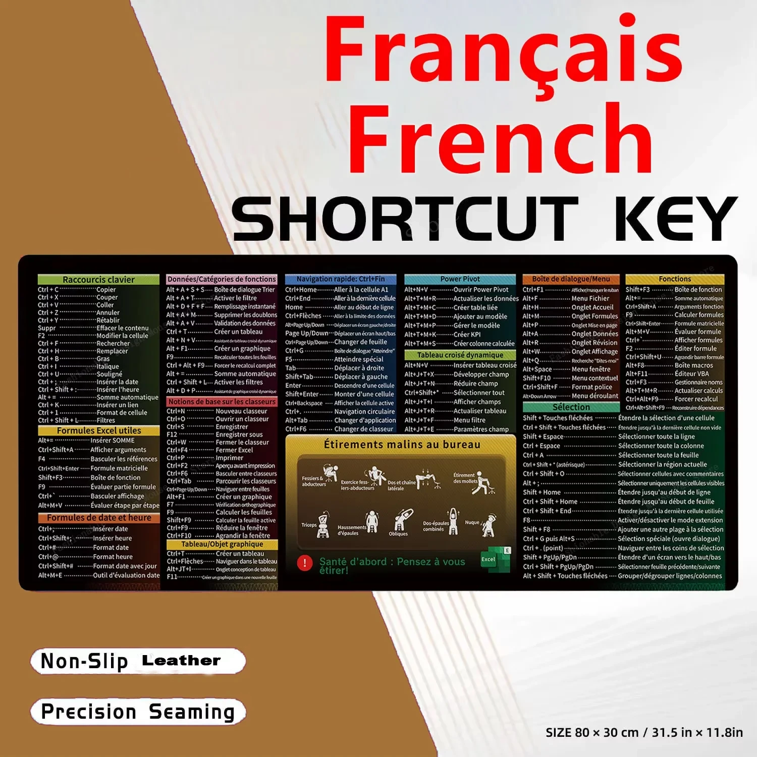 French Français Excel Shortcuts Keys Mouse Pad Cheat Sheet Keyboard Mousepad Software Gaming Desk Mat Rubber Protector Office