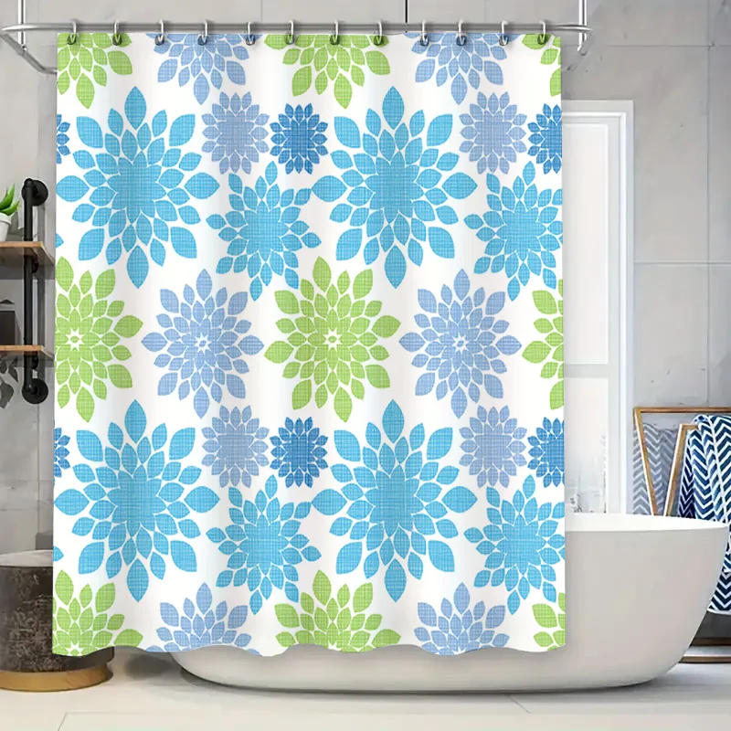 

blue green flower shower curtain waterproof bathroom decor custom made sizes water resistant polyester fabric modern design