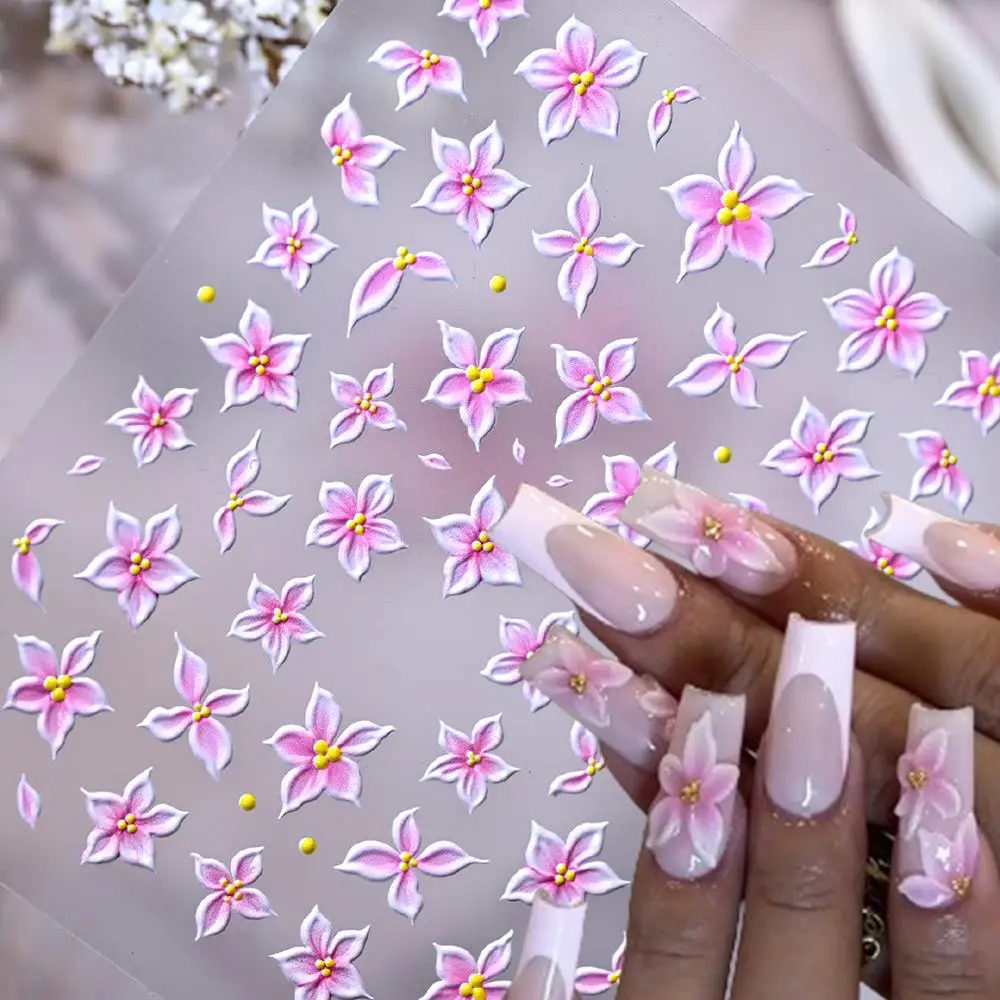 1Pcs 5D Embossed Ombre Pink Lily Flower Nail Stickers Five-Petals Floral Nails Decals Summer Tropical Floral Manicure Decoration