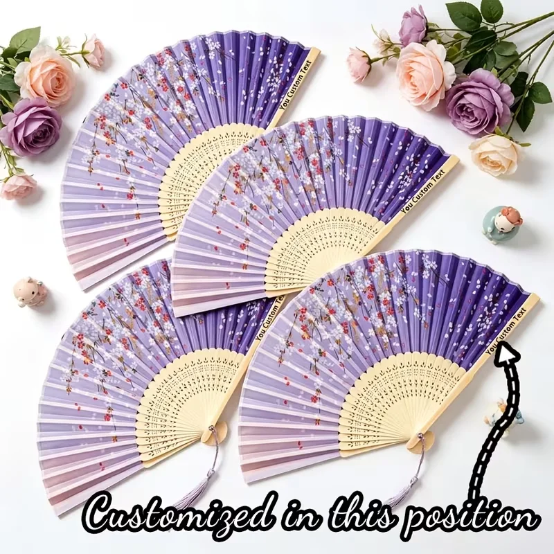 1Pcs/5Pcs/10Pcs Personalized Custom Purple Cherry Blossom Folding Fan, Laser Engraving of Name and Date Available, Suitable for Dance, Parties, Mother's Day Gift, Summer Parties, Portable Folding Fan