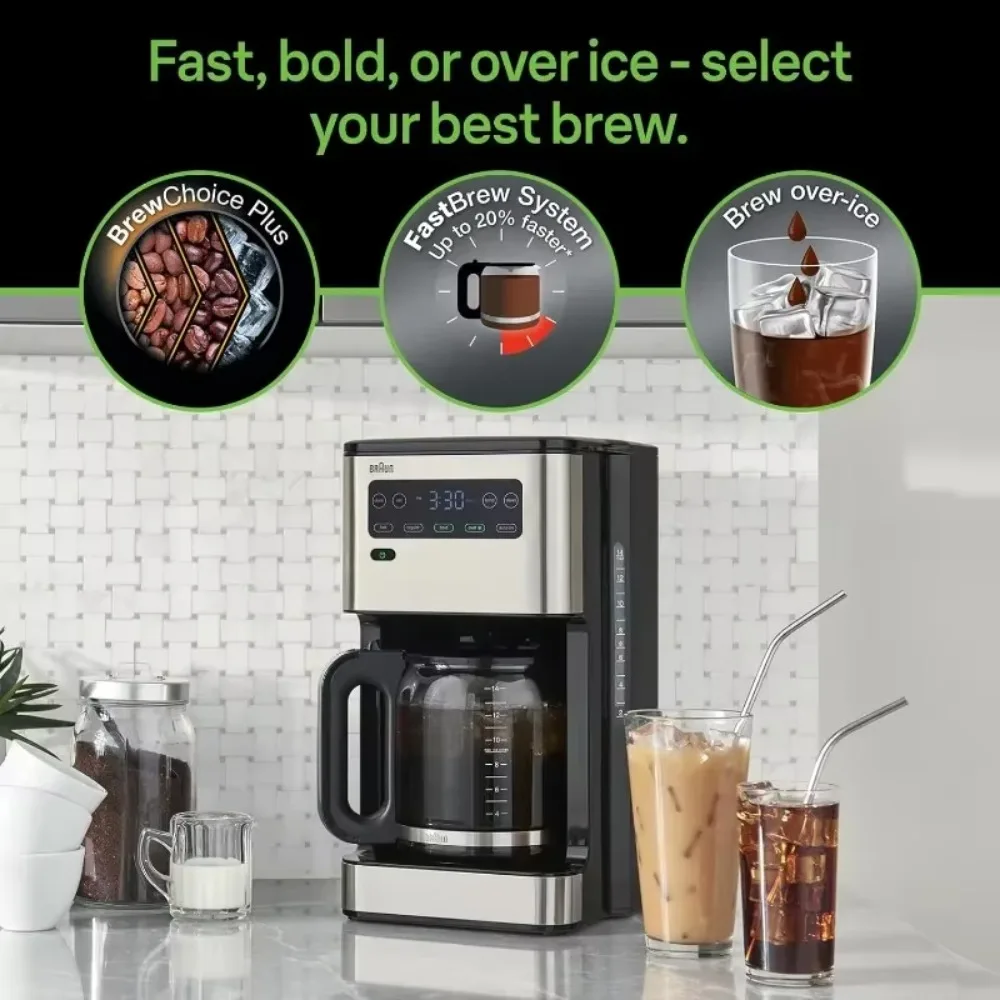 OUIO Pure Flavor Coffee Maker w/24hr timer &  touch display, 14 cup, built in brew signal beeps, Black