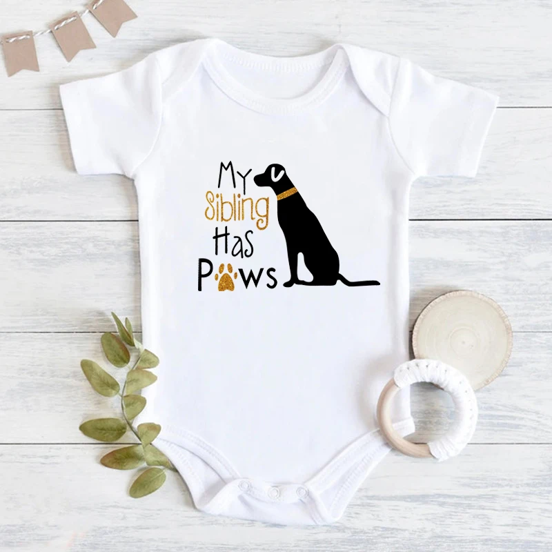 Summer New Casual Newborn Baby Boy Girl Short Sleeve Letter Print My Sibling Has Paws Cute Dog Romper Baby Clothes Bodysuits