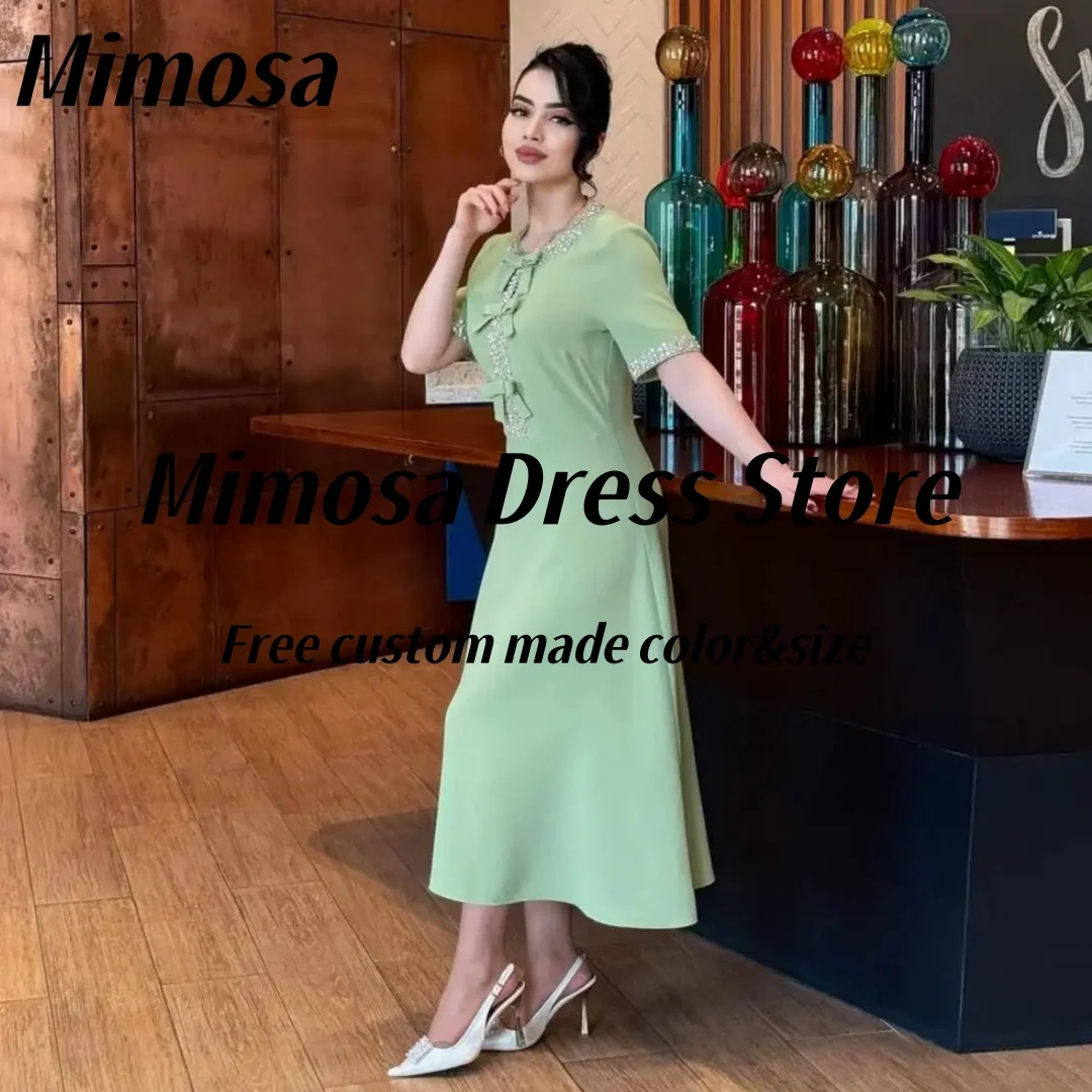 Mimosa Crew Neck Prom Dresses Beaded Bows Half Sleeves Wedding Party Gowns Zipper Back Evening Dress Women Wear Customized