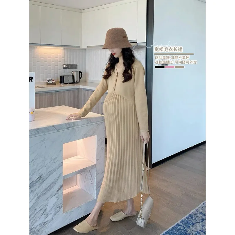 ملابس الأمومة خريف جديد فضفاض غطاء البطن تخفيض العمر فستان طويل الركبة موضة مطوي #3