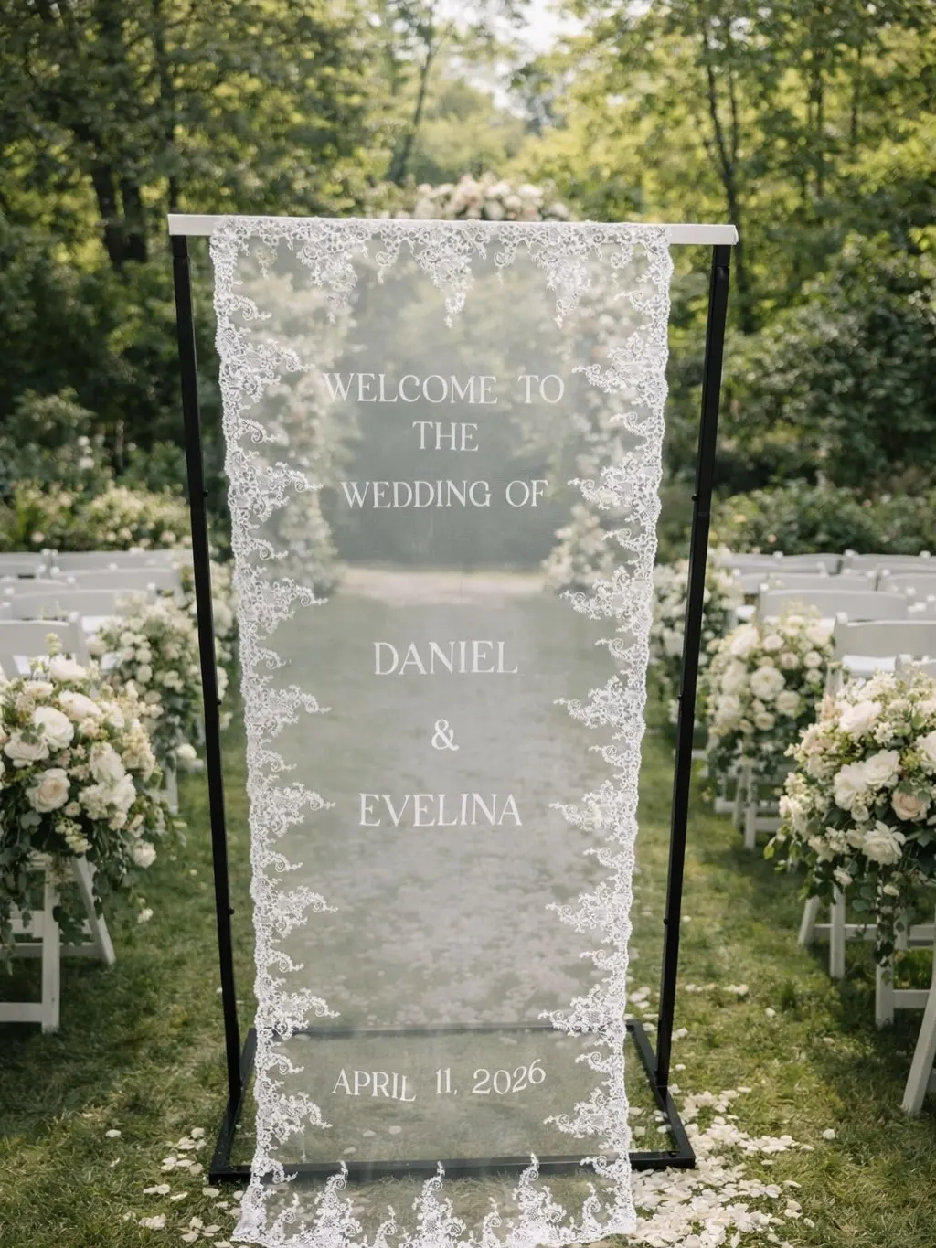 TOPQUEEN Transparent Wedding Signs Handmade Lace Semi-Sheer Tulle Wedding Welcome Signs Modern Outdoor Sheer Wedding Banners YF