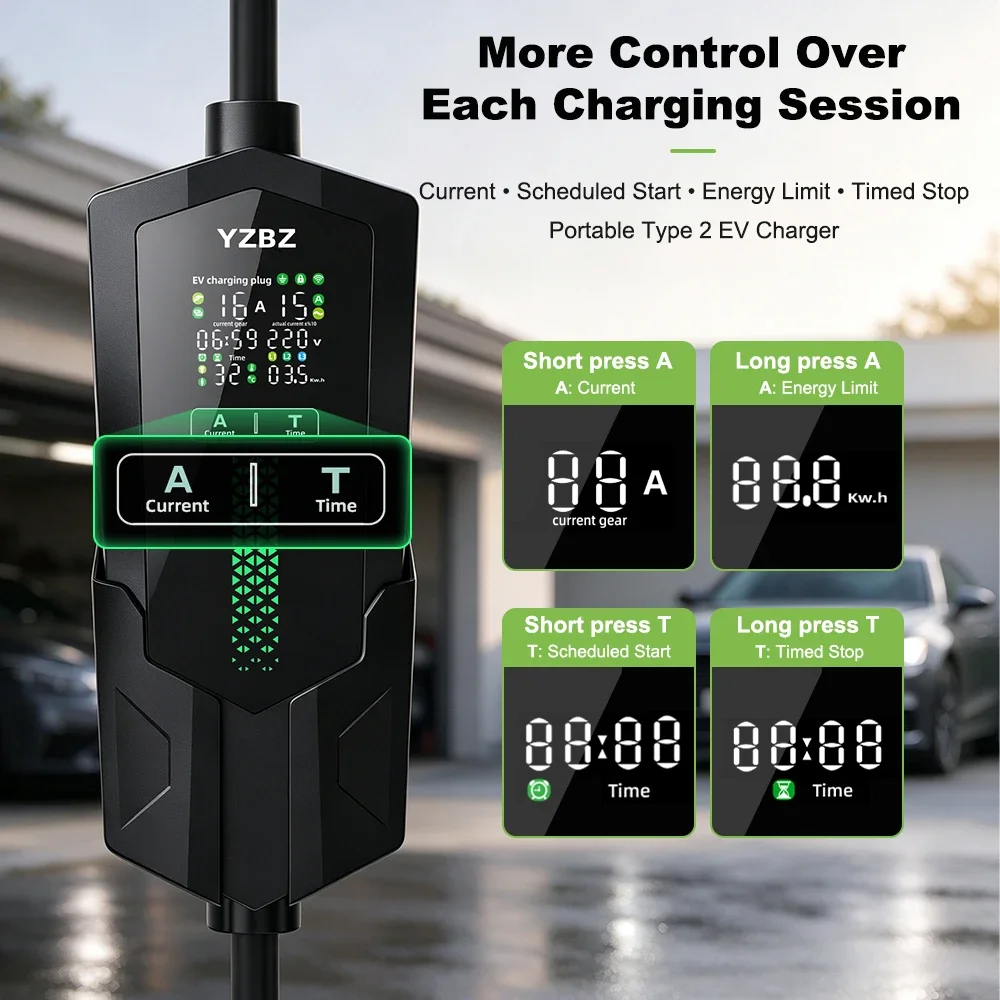Portable EV Charger Type 2 3.5kW 16A, 5m Charging Cable with Schuko Plug, Adjustable Current, Timer, 4 Charging Modes, YZBZ F15