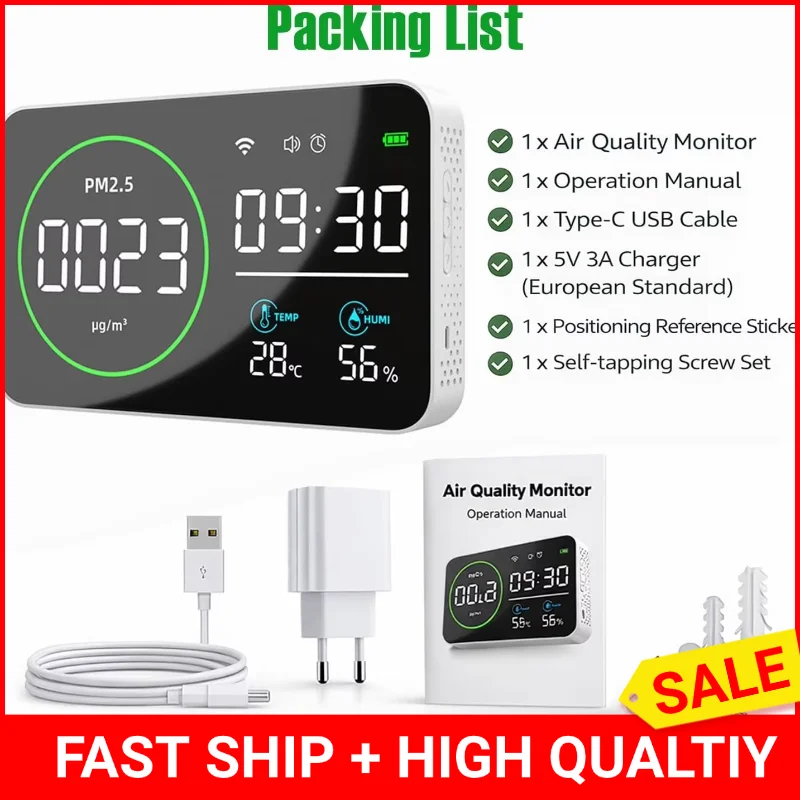 

PM2.5 Detector with Smart App, Air Quality Meter with Alarm and Recording, Detects PM2.5, Temperature and Humidity, Compatible