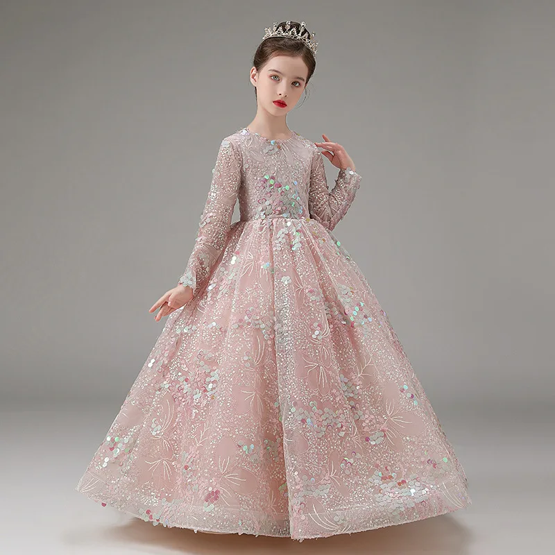 

Детское платье с длинными рукавами для девочек, принцесса на день рождения, свадебное платье с цветочным узором, выступление на фортепиано для маленьких девочек