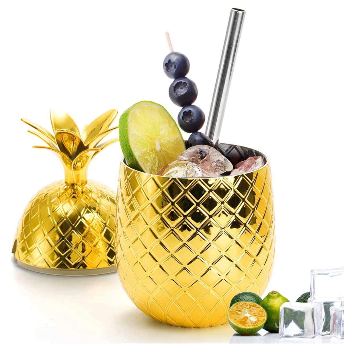 2 Pack Pineapples Drink Cups, 450Ml Gold Pineapples Tumbler with Stretched Straw, Hawaiian Luau Cups