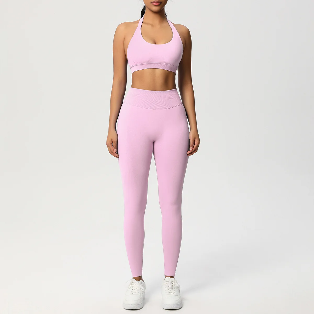 

Модный женский спортивный бюстгальтер с бретелькой на шее, тренировочные комплекты с высокой талией для йоги, спортивная одежда из двух предметов для бега, фитнеса