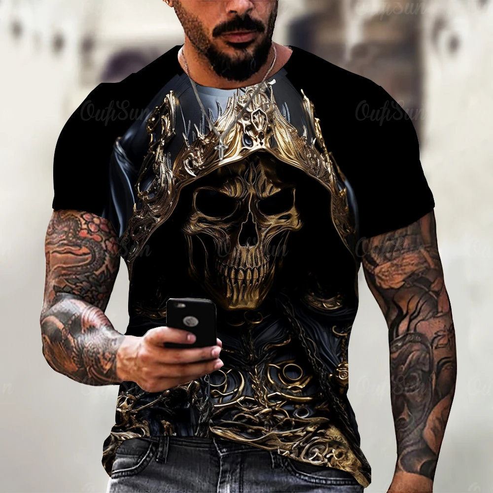 Summer Men\'s T-shirt Vintage Horror 3D Skull Print Classic Casual O Neck Short Sleeve Fashion Loose Oversized Tops Tee Shirt Men