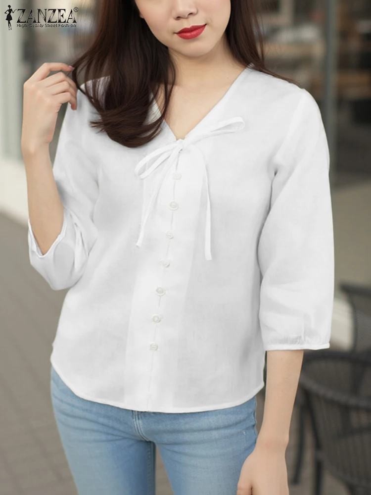 ZANZEA Women Shirts Solid Casual V Neck Tops 2025 Summer Female Lace-Up OL Work Tunic 3/4 Lantern Sleeve Buttons Beach Blusas