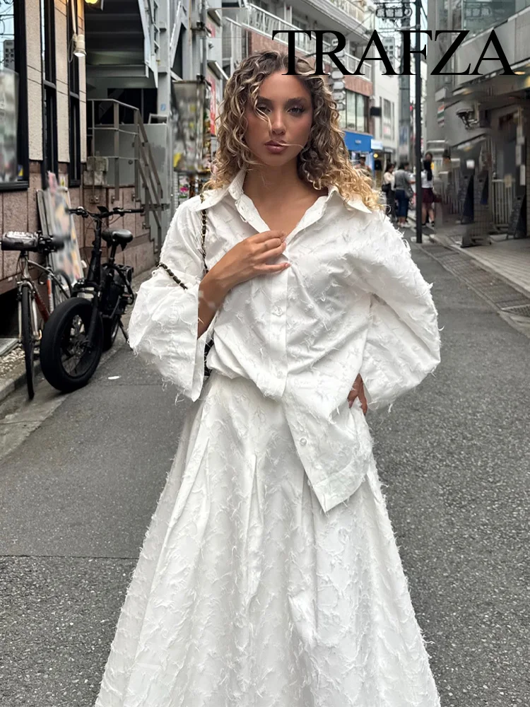 TRAFZA – ensemble à franges pour femmes, chemises blanches à col rabattu, simple boutonnage + taille haute, fermeture éclair, jupes longues trapèze, costume de vacances