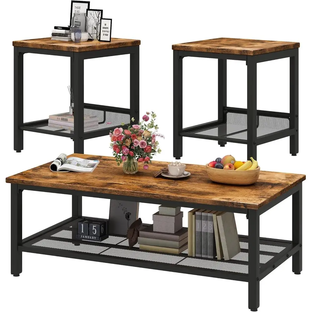 

Vintage 3-Piece Wood Coffee Table Set with 2 End Tables, Square Top, Industrial Style for Living Room or Home Office, Rustic Bro