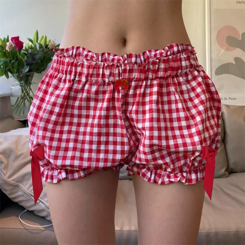 

Women Red and White Plaid Bloomer Shorts Vintage Y2k Gingham Shorts Elastic Waist Bowknots Sweet Girl Lolita Pettipants