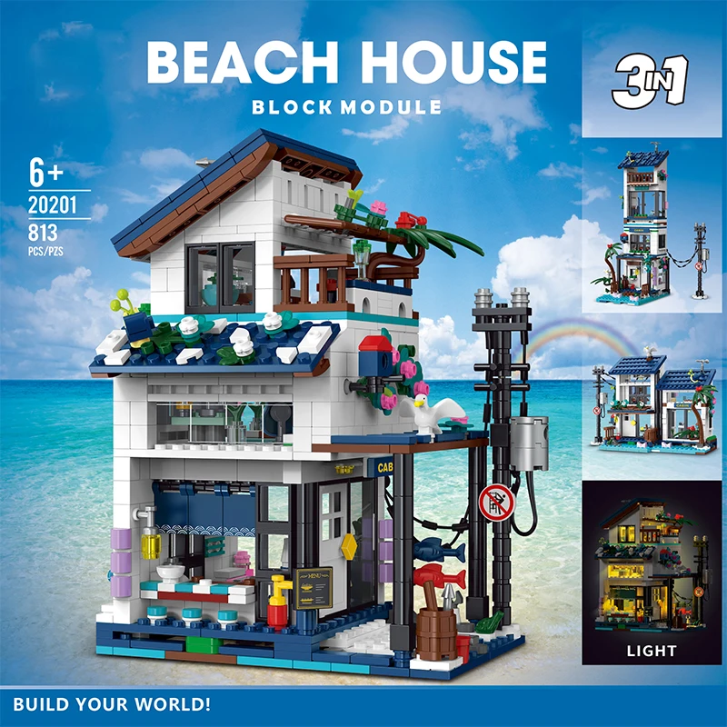 

City Street View Building Blocks Japanese Seaside Holiday Villa 3-in-1 Set House Cottage Children's Toy Gifts