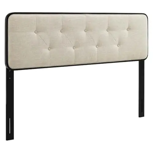 Modern Fabric Tufted Queen Headboard, 48 in H x 62.5 in W, Rubber Wood and MDF, Beige/Black Finish, Button Tufted