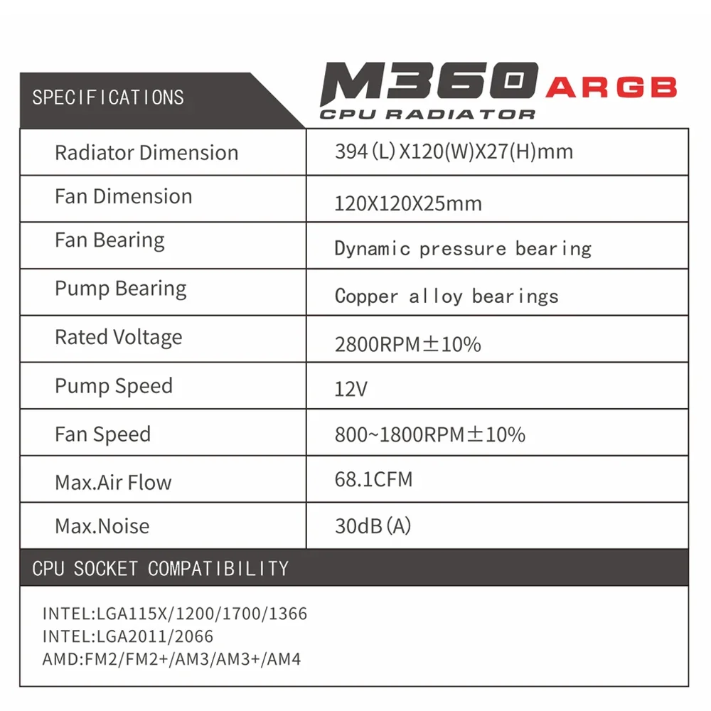 소켓 AMD AM3/AM4 인텔 LGA 2066/2011/1700/1366/1200/115 SEJISHI CPU용 360mm ARGB 워터 쿨러 팬