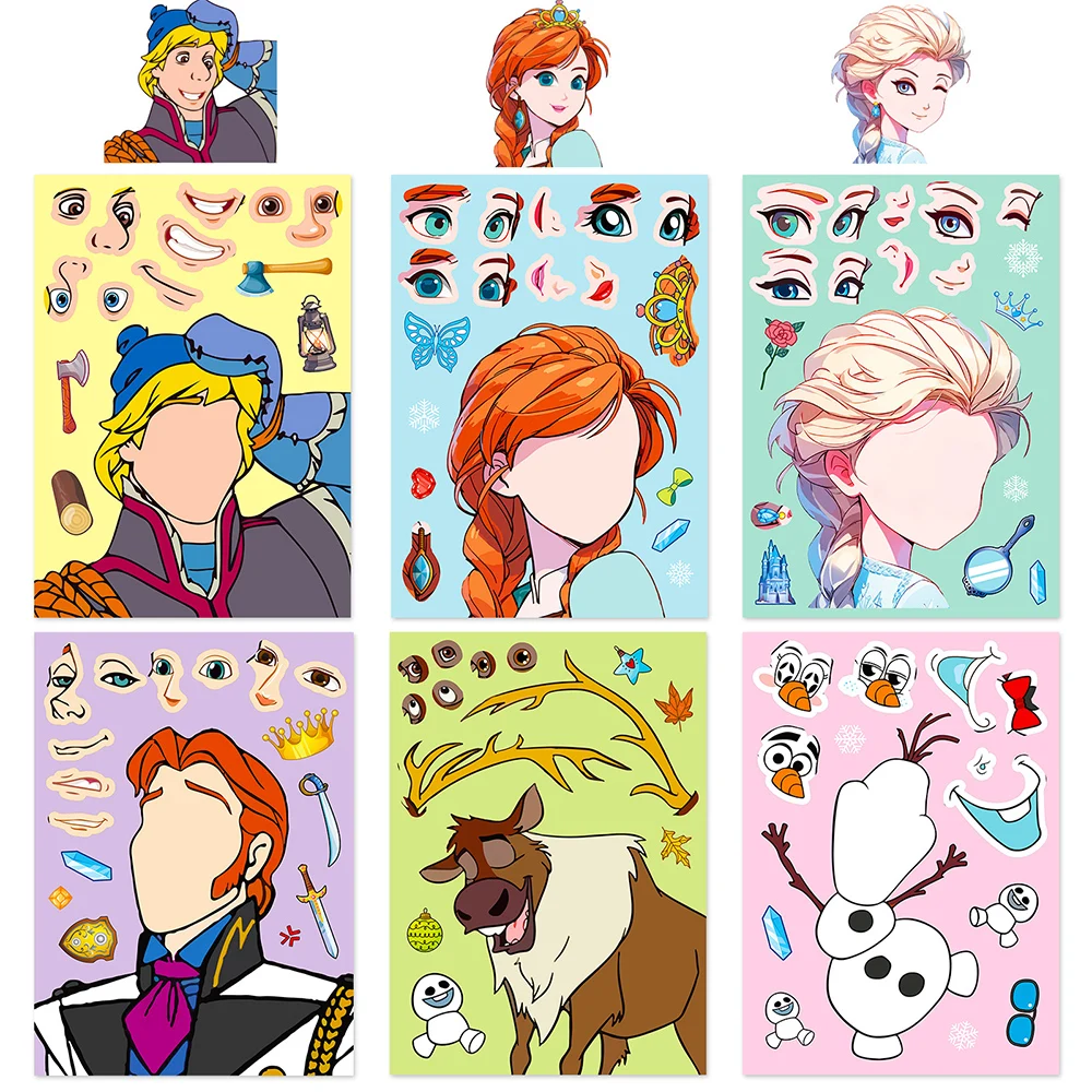 6/12Sheets Disney Cartoon Frozen Puzzle Stickers DIY Kawaii Anna Elsa Decal Laptop Suitcase Notebook Phone Sticker for Kid Girls