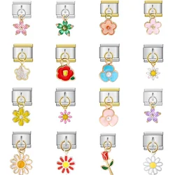 URING Elegant Daisy Rose Flower Cute Y2k Pendant Italian Charms Links Fit 9mm Stainless Steel Bracelet Making DIY Jewelry Gift