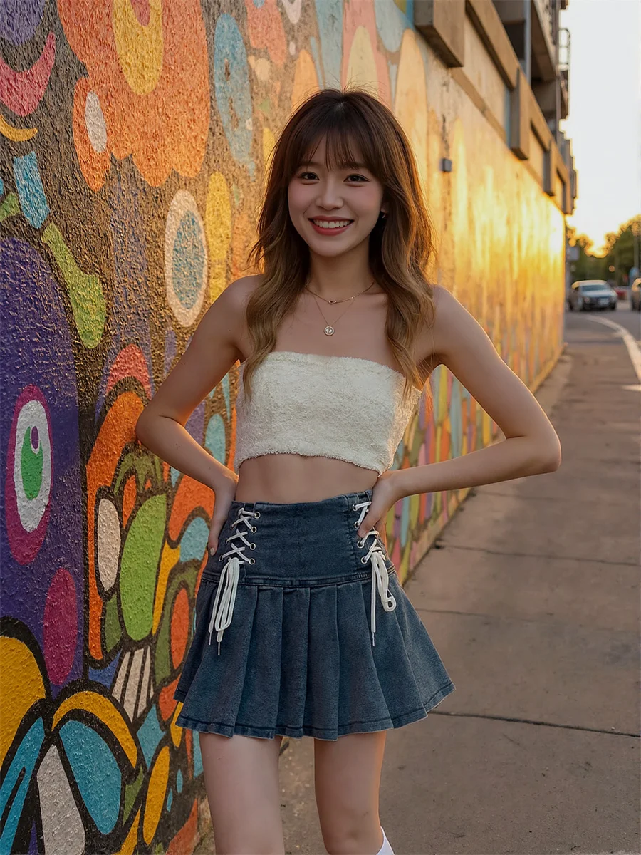 

Denim Lace-up Mini Skirts Womens Pleated Patchwork Layered Kawaii Vacation Elastic Waist Chic Flowy Ruffled Applique Girls Youth