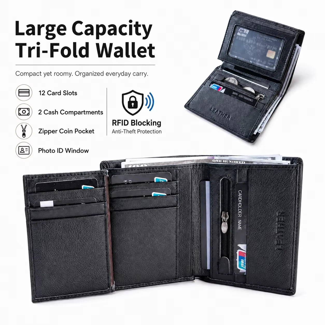 Men Leather Wallet Genuine Cowhide Tri Fold Wallet Classic Business Card Holder Large Capacity Cash Coin Pocket For Daily Use